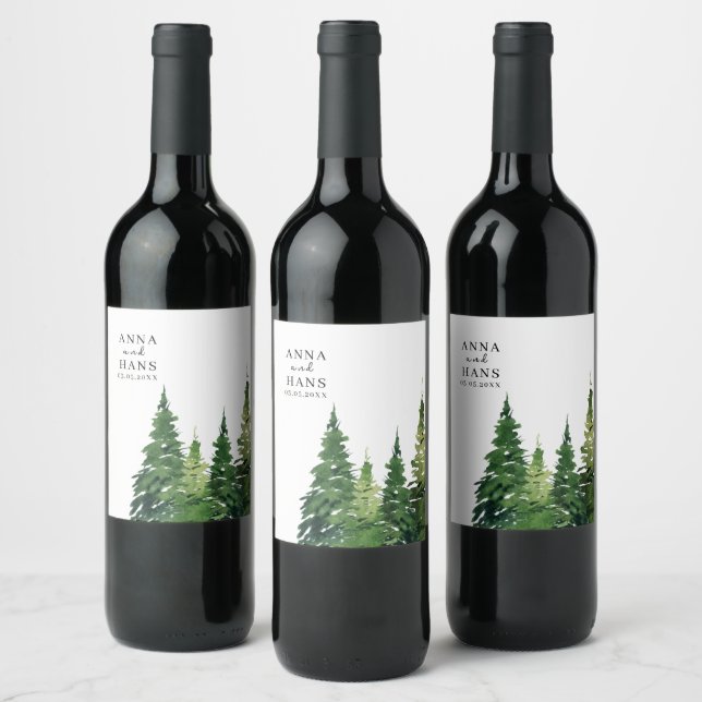 Watercolor Christmas Tree Festive Wedding Wine Label (Bottles)