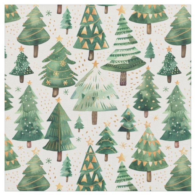Watercolor Christmas Tree Forest  Fabric (Close Up)