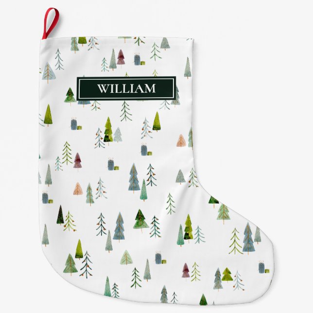 Watercolor Christmas Tree & Gift Box Personalized  Large Christmas Stocking (Front)