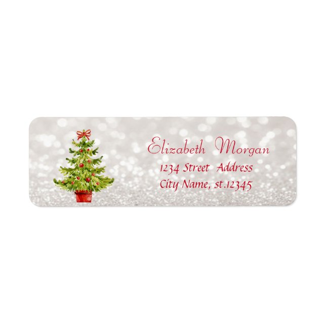 Watercolor Christmas Tree,Glittery Bokeh Label (Front)