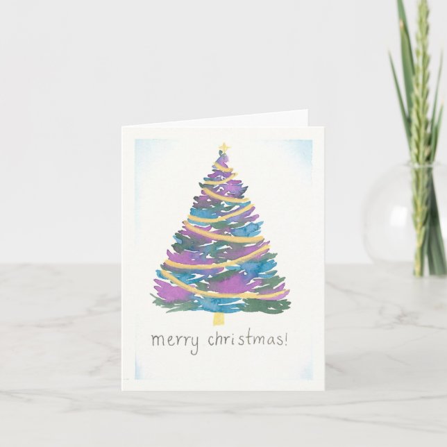 Watercolor Christmas Tree - Gold Garland Card (Front)