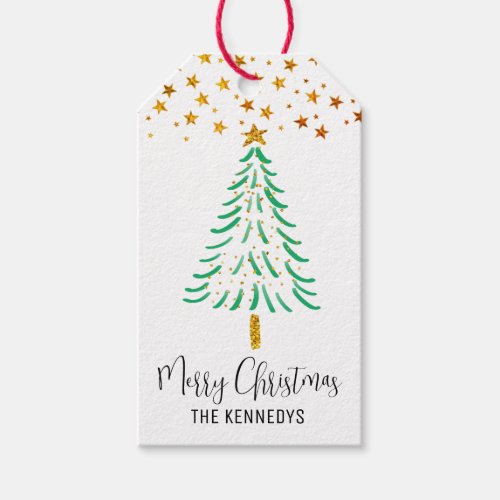 Watercolor Christmas Tree Gold Glitter Stars  Merr Gift Tags