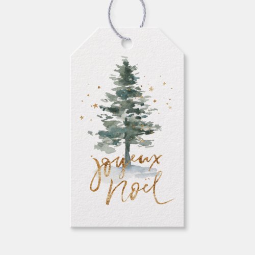 Watercolor Christmas Tree Gold Joyeux Noel Gift Tags