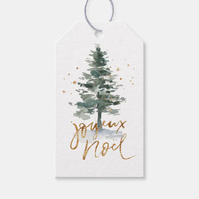 Watercolor Christmas Tree Gold Joyeux Noel Gift Tags | Zazzle