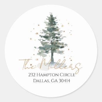 Watercolor Christmas Tree Gold Return Address Clas Classic Round Sticker by SugSpc_Invitations at Zazzle