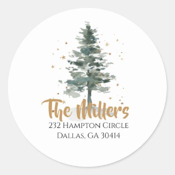 Watercolor Christmas Tree Gold Return Address Classic Round Sticker by SugSpc_Invitations at Zazzle