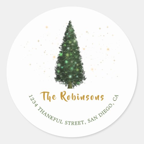 Watercolor Christmas Tree Gold Return Address Classic Round Sticker