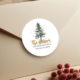 Watercolor Christmas Tree Gold Return Address Classic Round Sticker