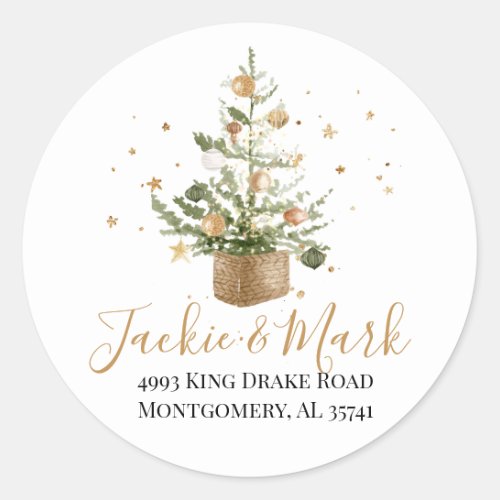 Watercolor Christmas Tree Gold Stars Classic Round Classic Round Sticker