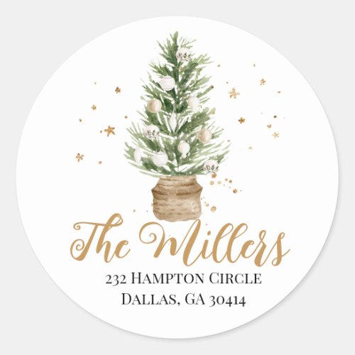 Watercolor Christmas Tree Gold Stars Classic Round Sticker