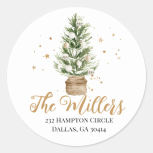 Watercolor Christmas Tree Gold Stars Classic Round Sticker