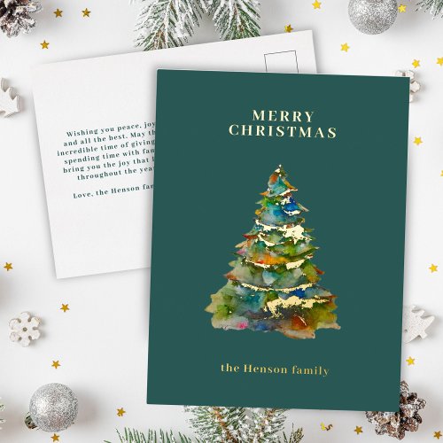 Watercolor Christmas Tree Green Minimalist Family Foil Holiday Postcard