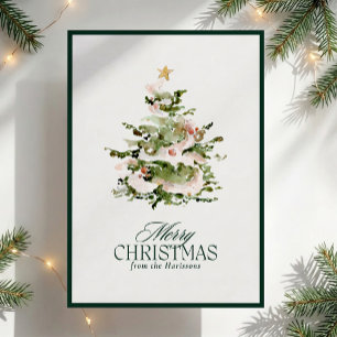 Watercolor Christmas Tree Holiday  green border Card