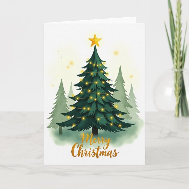 Watercolor Christmas Tree Holiday Greeting Card (Front)