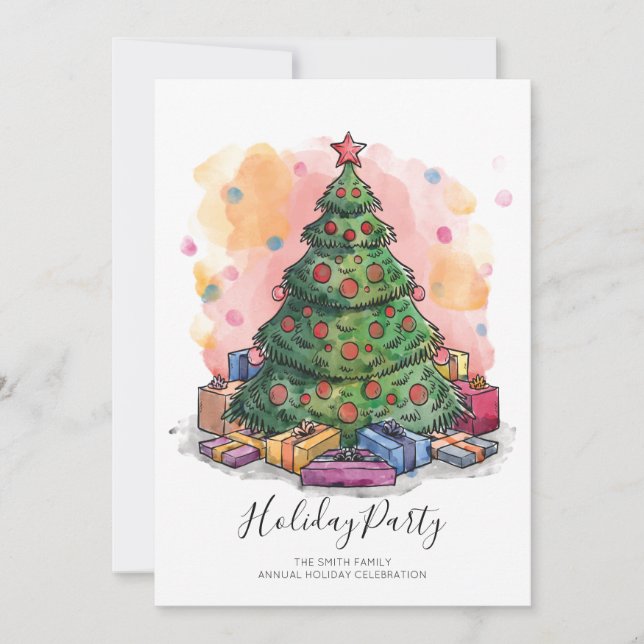 Watercolor Christmas Tree Holiday Party Invitation (Front)
