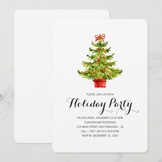 Watercolor Christmas Tree Holiday Party Invitation (Front/Back)