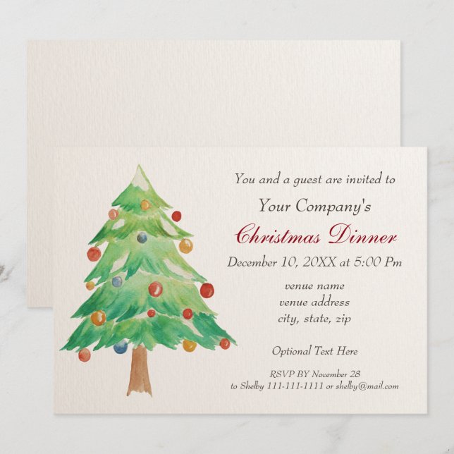 Watercolor Christmas Tree Holiday party Invite (Front/Back)