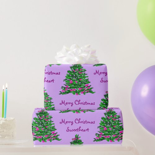 Watercolor Christmas Tree Illustration Purple Wrapping Paper