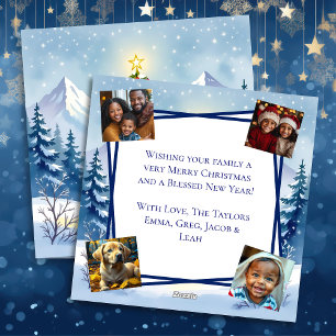 Watercolor Christmas Tree in the Mountains Photo Holiday Card