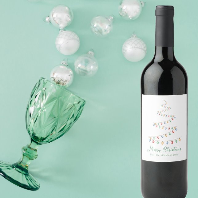 Watercolor Christmas Tree Lights Custom Party Wine Label (Creator Uploaded)