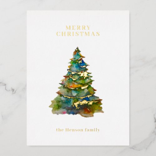 Watercolor Christmas Tree Minimalist Family  Foil Holiday Postcard