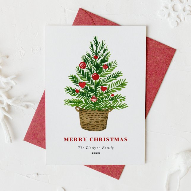 Watercolor Christmas Tree on a Wicker Basket Holiday Card (Creator Uploaded)