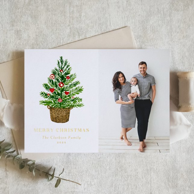 Watercolor Christmas Tree on a Wicker Basket Photo Foil Holiday Card (Creator Uploaded)