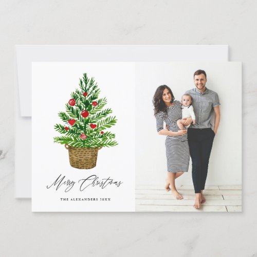 Watercolor Christmas Tree on a Wicker Basket Photo Holiday Card