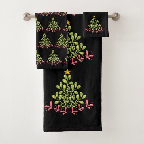 Watercolor Christmas Tree on Black Bath Towel Set
