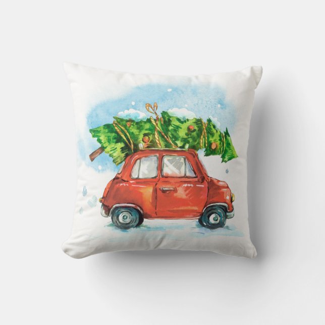 Watercolor Christmas Tree on Car Throw Pillow (Front)