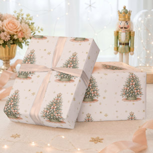 Watercolor Christmas Tree Peach Mint Holiday Wrapping Paper