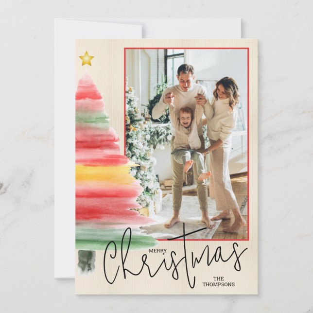 Watercolor Christmas Tree Photo Holiday Card (Front)