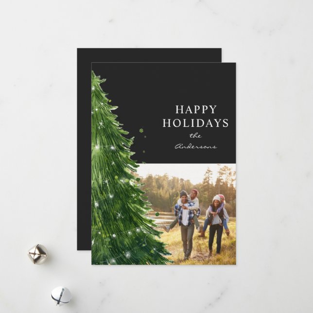 watercolor christmas tree photo holiday card (Front/Back In Situ)