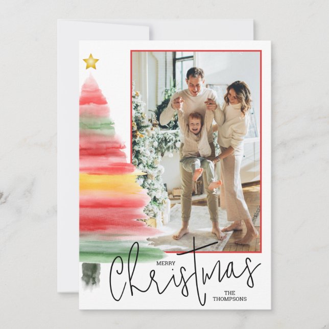 Watercolor Christmas Tree Photo Holiday Card (Front)