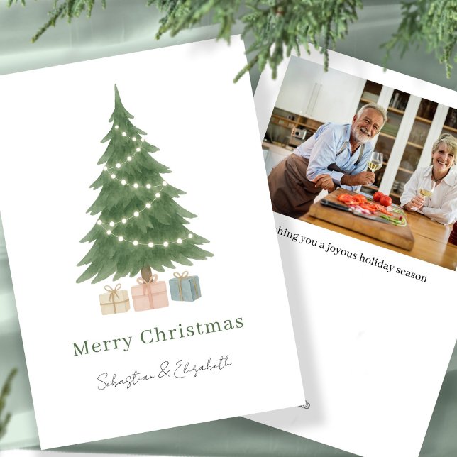 Watercolor Christmas Tree Photo Personalized Holiday Card (Watercolor Christmas Tree Photo Personalized Holiday Card by Ricaso Add own photograph and message)