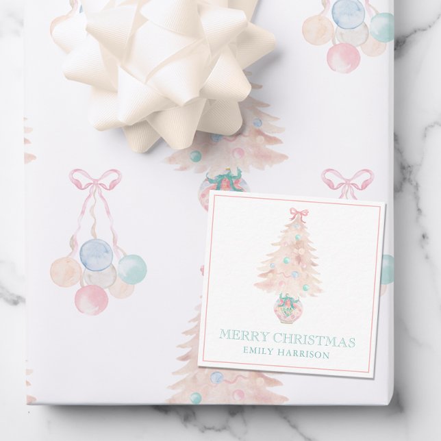 Watercolor Christmas Tree Pink Grandmillennial Note Card (Creator Uploaded)
