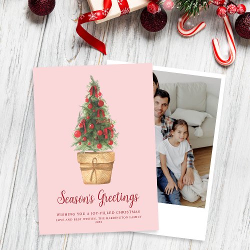Watercolor Christmas Tree Pink Photo Holiday Card