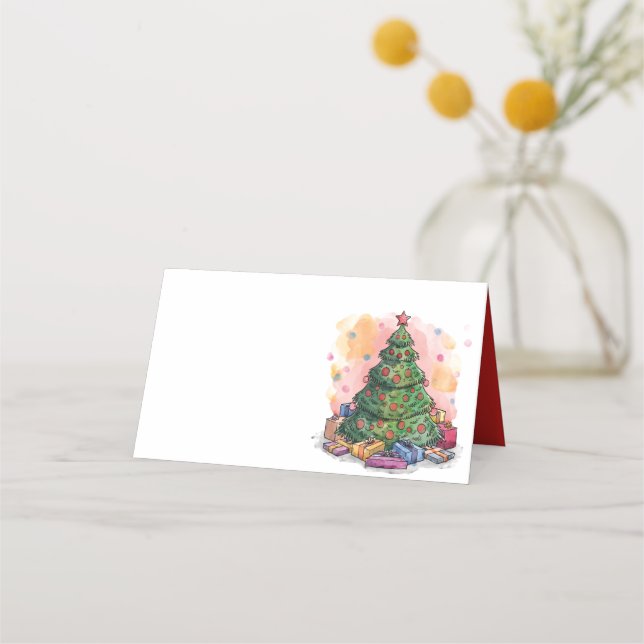 Watercolor Christmas Tree Place Card (Front)
