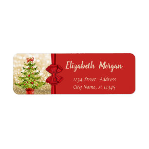 Watercolor Christmas Tree, Red Bow, Gold Glittery Label