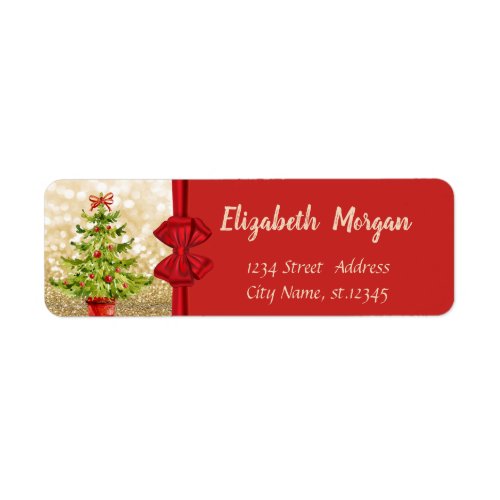 Watercolor Christmas Tree Red Bow Gold Glittery Label