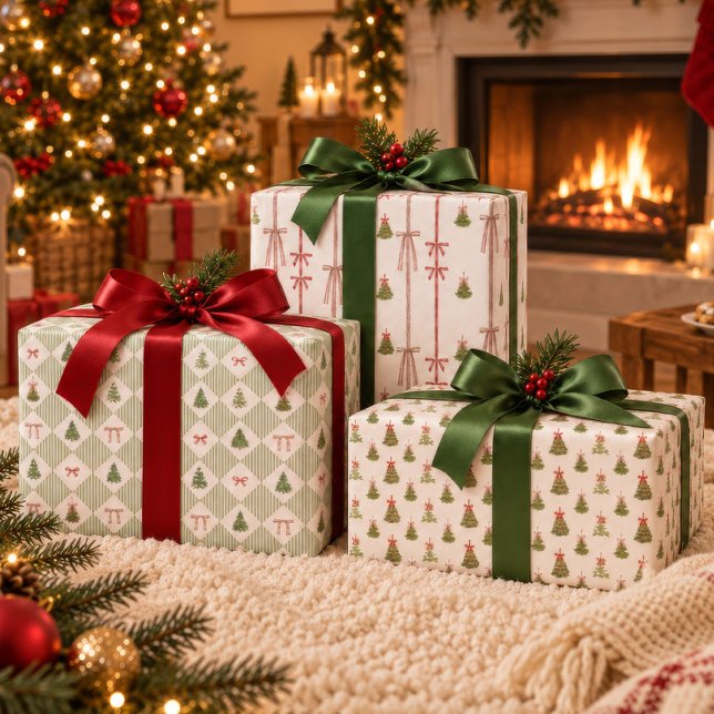 Watercolor Christmas Tree Red Bow Pattern Wrapping Paper Sheets (Creator Uploaded)