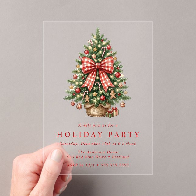 Watercolor Christmas Tree Red Gingham Bow Party Acrylic Invitations (Insitu (Handheld))