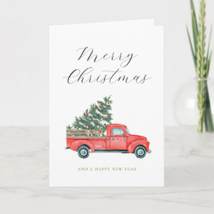 Watercolor Christmas Tree & Red Truck Merry X'mas Card