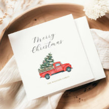 Watercolor Christmas Tree & Red Truck Merry X'mas