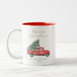 Watercolor Christmas Tree & Red Truck Merry X'mas Two-Tone Coffee Mug