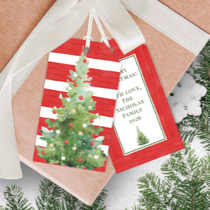 Watercolor Christmas Tree Red White Striped Gift Tags