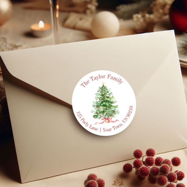 Watercolor Christmas Tree Return Address Classic Round Sticker (Creator Uploaded)