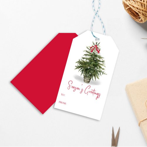 Watercolor Christmas Tree Seasons Greetings Gift Tags