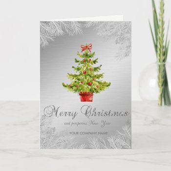 Watercolor Christmas Tree Silver Corporate Holiday Card by Biglibigli at Zazzle