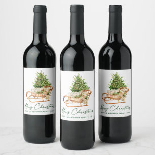 Watercolor Christmas Tree Sleigh Calligraphy Ink Wine Label